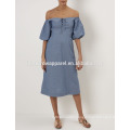 New Fashion Blue Cotton Day Dress With Lace-up Front Manufacture Wholesale Fashion Women Apparel (TA5287D)